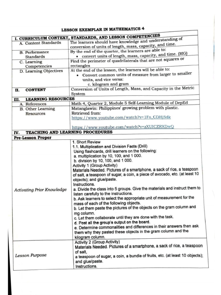 Lesson Exemplar-Conversion-kilogram and Gram | PDF
