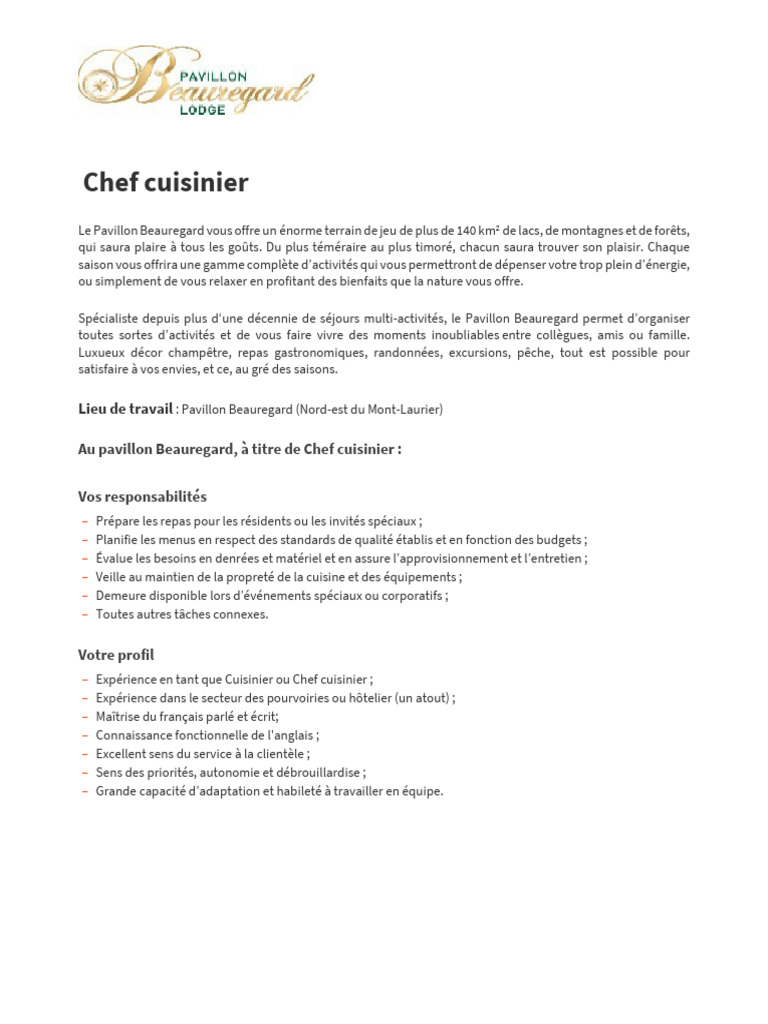Offre Demploi Cuisinier