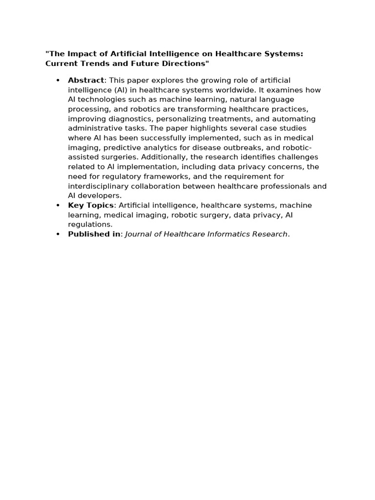 The Impact of Artificial Intelligence On Healthcare Systems: Current ...