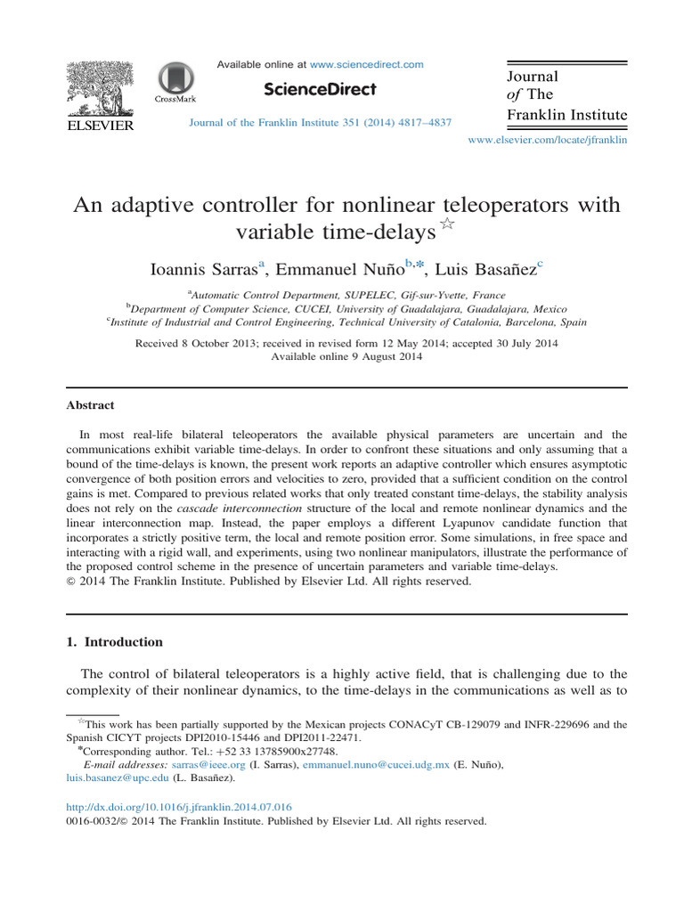 An Adaptive Controller For Nonlinear Teleoperators With Varying Time ...