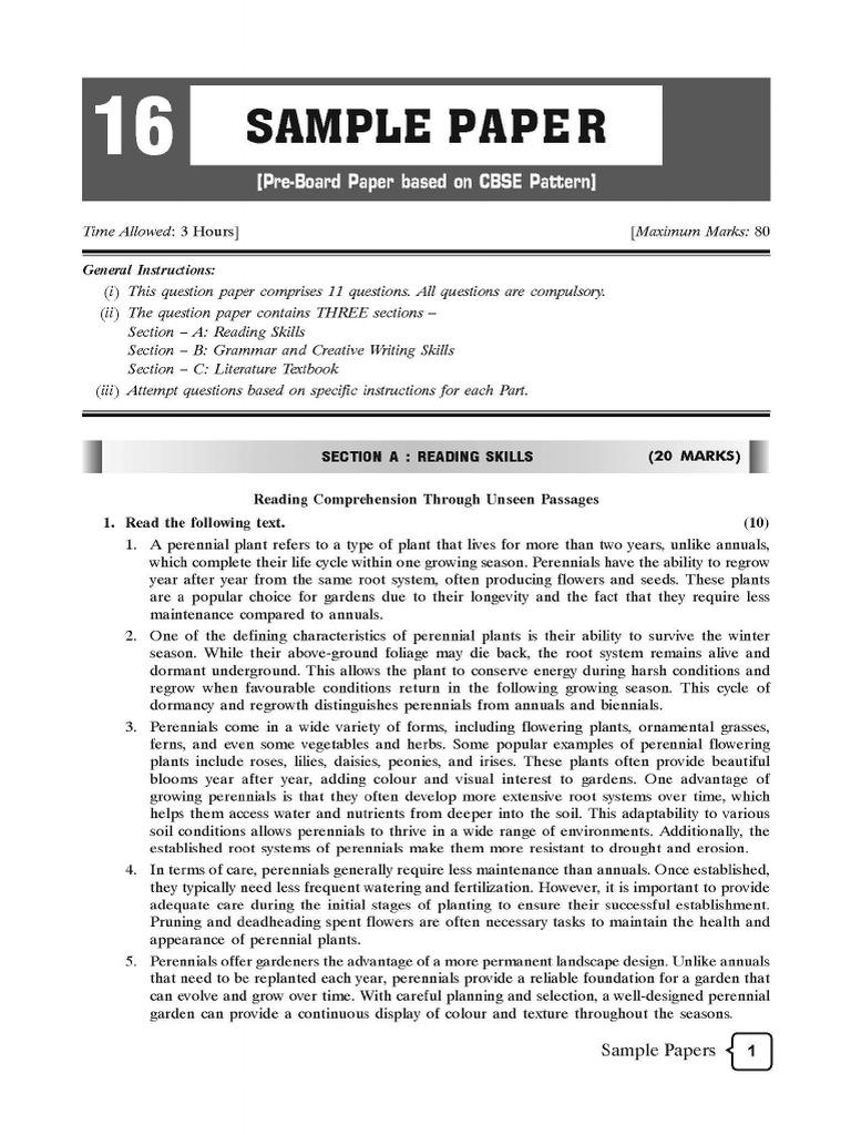 Cbse cl10 Ead English LLR Pre-Board Paper 16 | PDF
