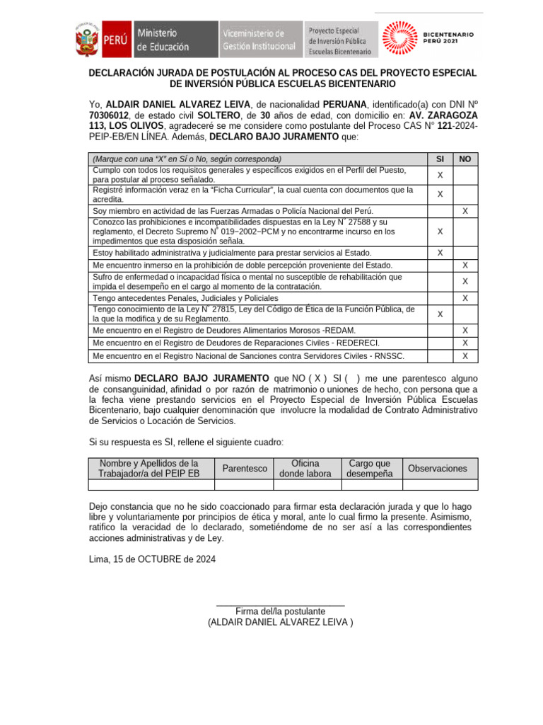 Declaracion Jurada | PDF | Documento de identidad | Justicia