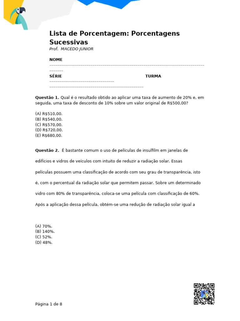 Cálculo de Porcentagens Sucessivas | PDF | Percentagem | Investimentos