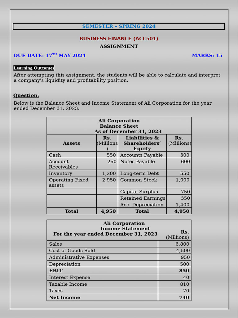 Acc501 Assignment No 1 Pdf Equity Finance Retained Earnings
