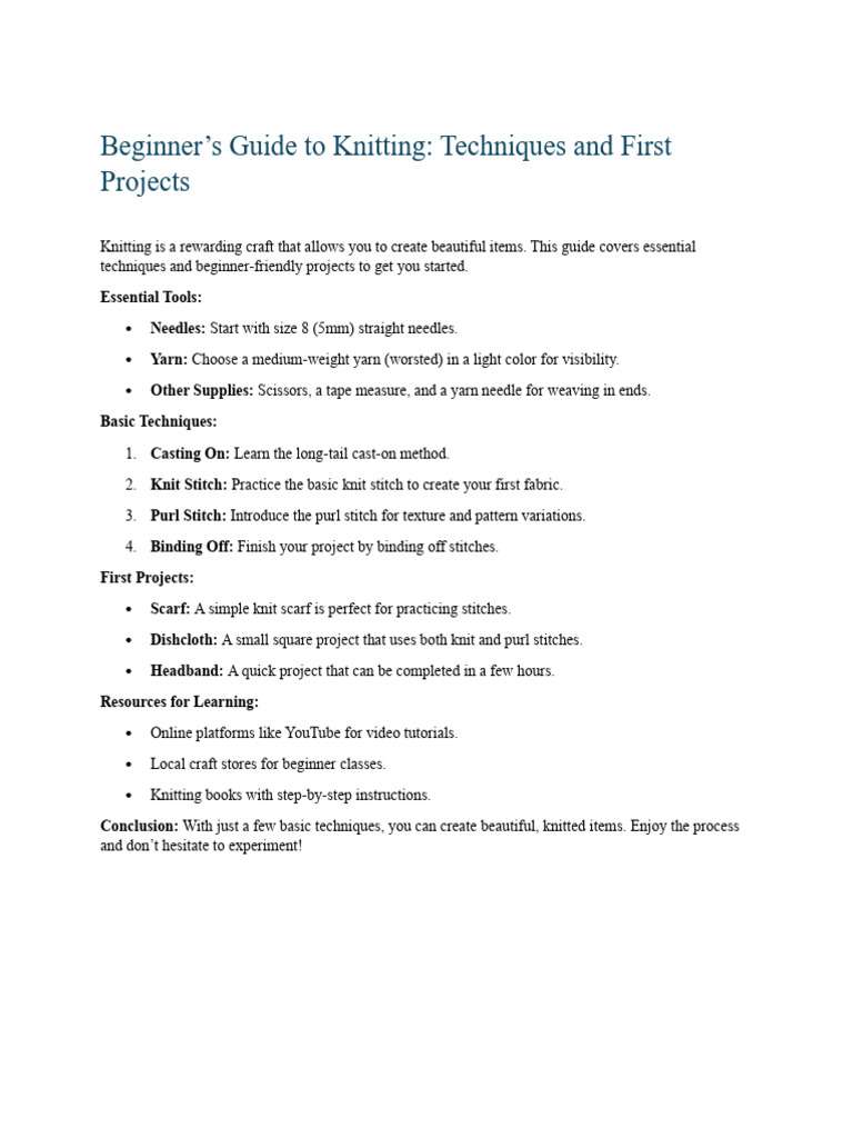Beginner's Knitting Guide: Techniques & Projects | PDF