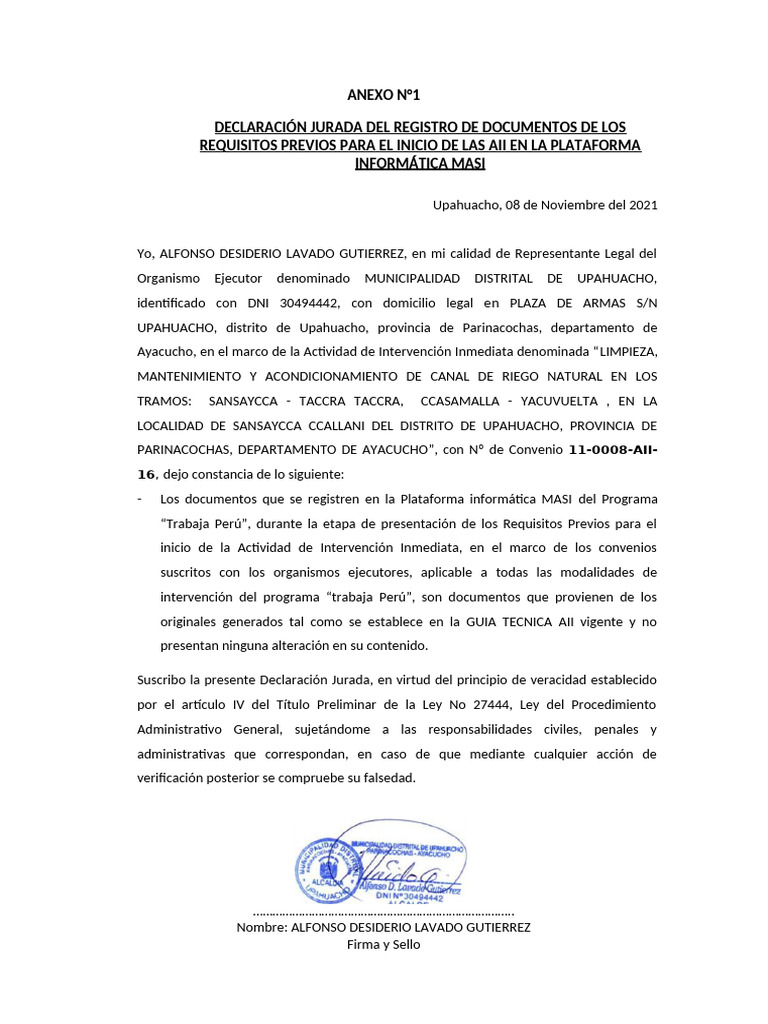 Declaración Jurada AII MASI Upahuacho | PDF | Documento de identidad