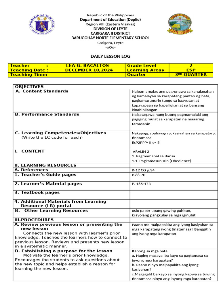 Daily Lesson Log for Grade 2 ESP | PDF | Human Communication | Cognition