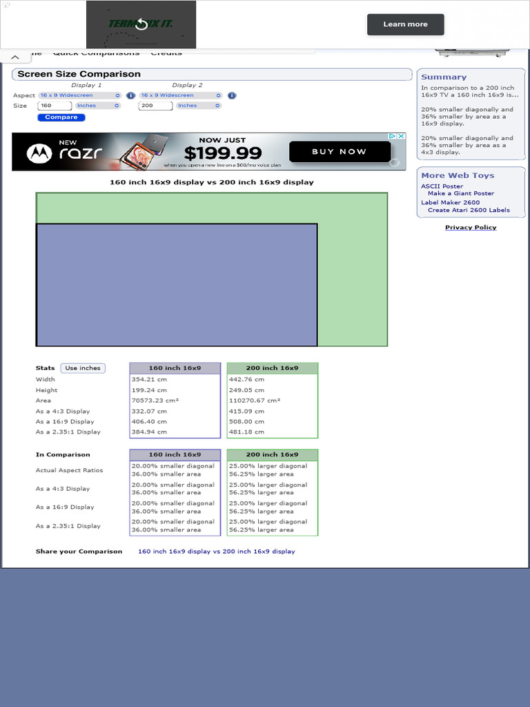 160 vs 200 Inch 16x9 Display Comparison | PDF | Imaging | Filmmaking