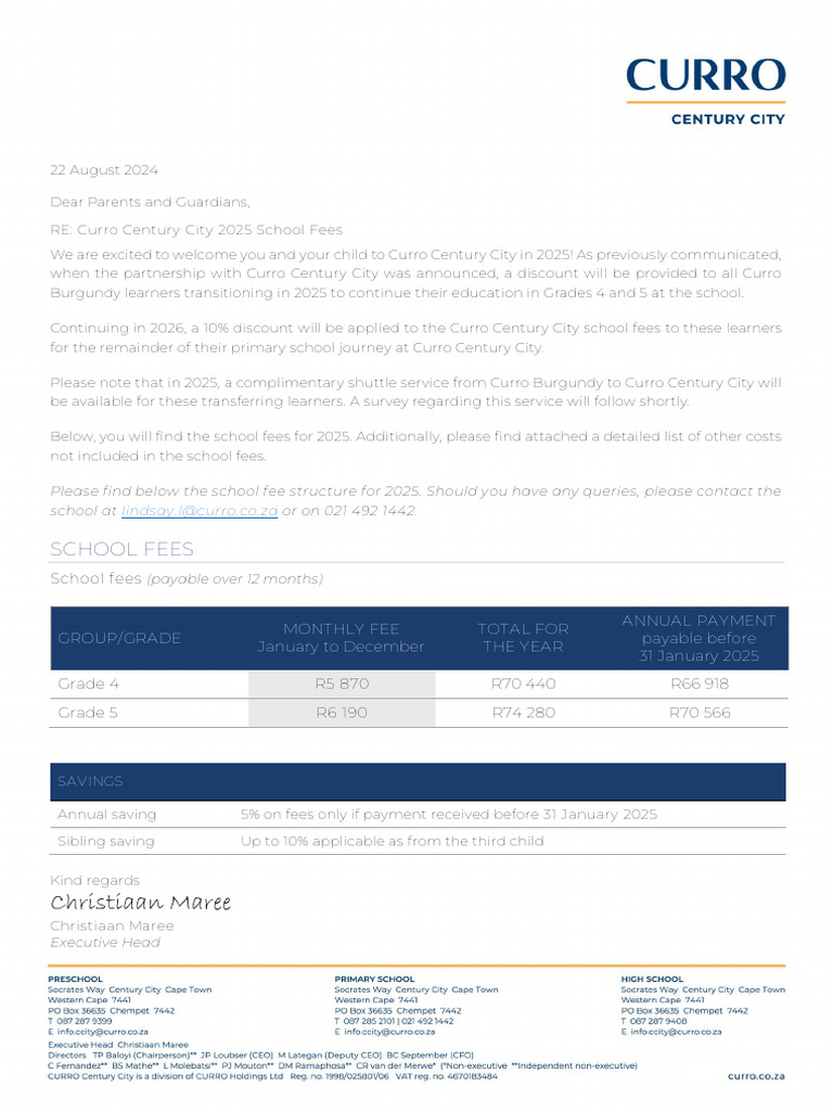 Curro Century City 2025 Fee Structure | PDF