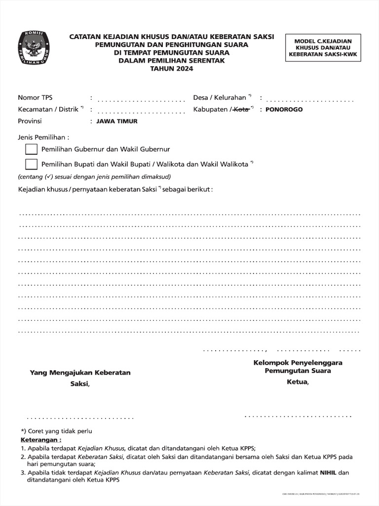 Formulir Kelengkapan Tps Kab Ponorogo | PDF