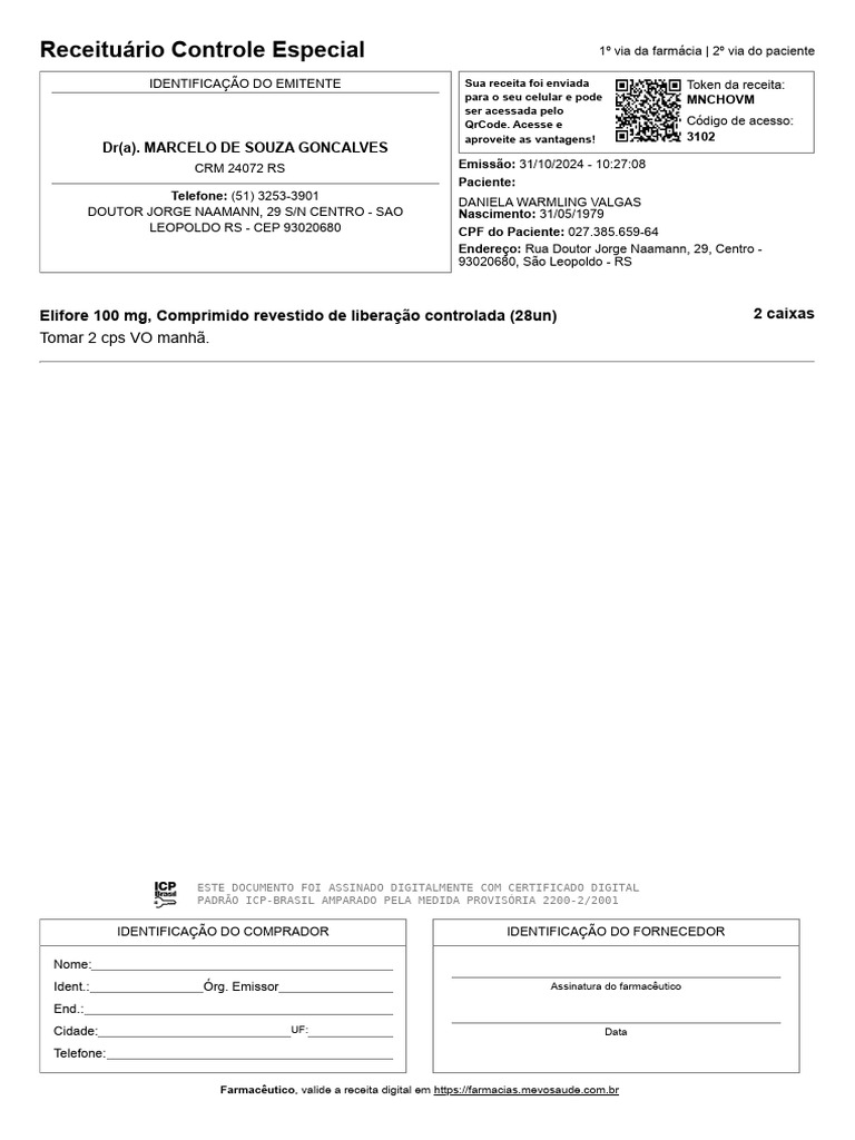 Receita Digital Elifore 100 mg | PDF | Farmácia | Ciências Farmacêuticas