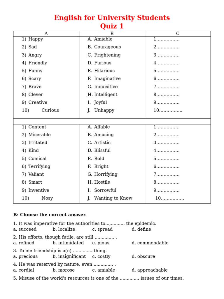 English Quiz for University Students | PDF