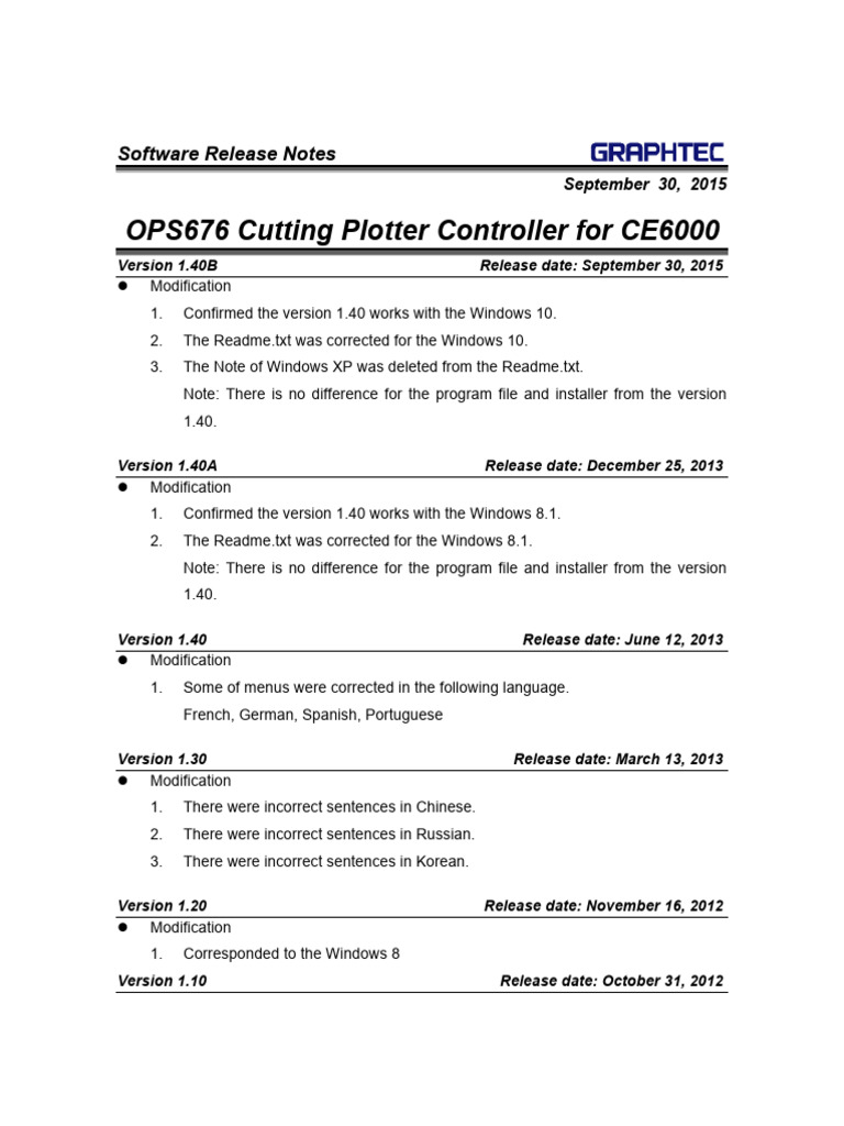 CE6000 Cutting Plotter Release Notes | PDF | Text File | Software