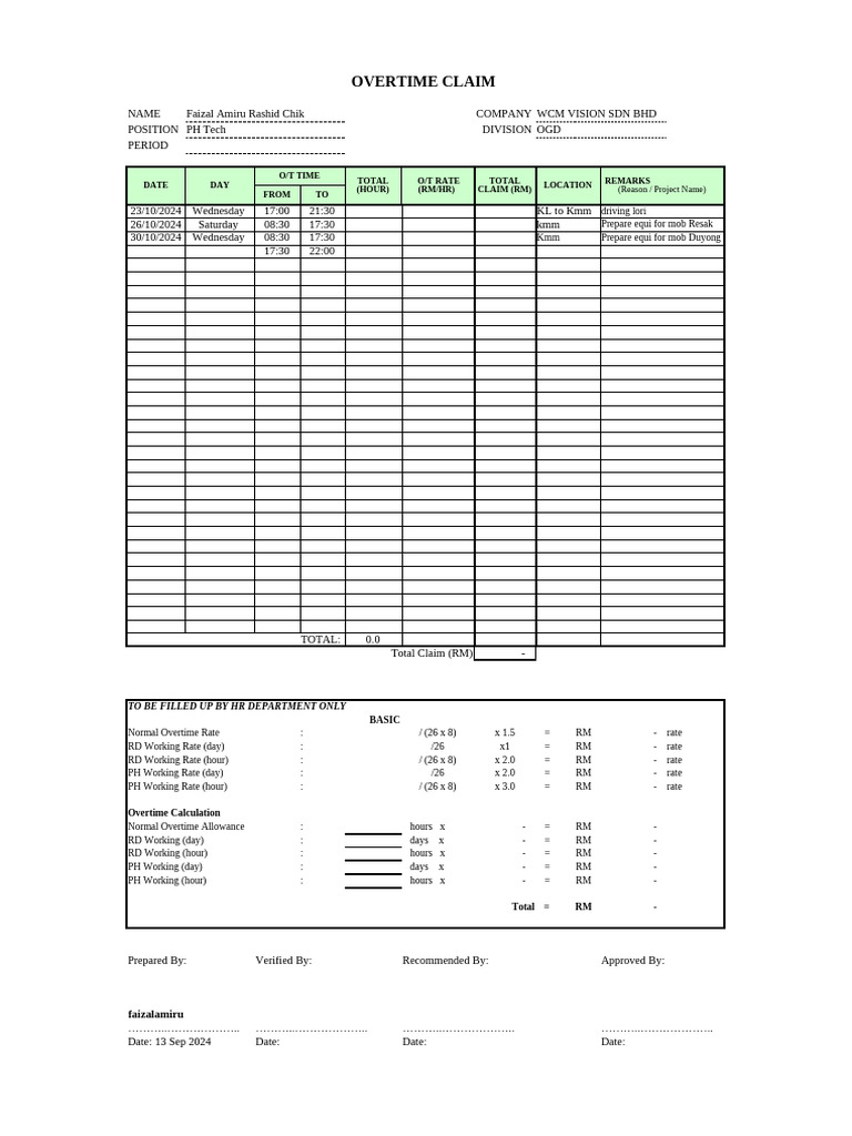 OT_FORM Oct | PDF | Working Time | Employment Compensation