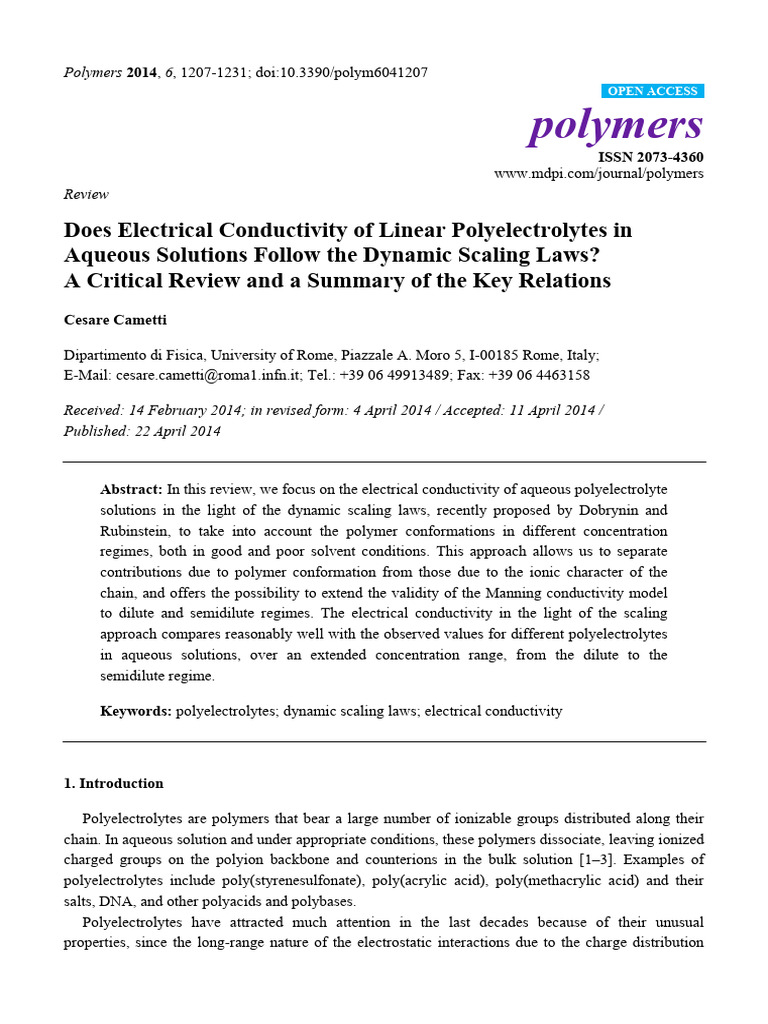 Electrical Conductivity of Polyelectrolytes | PDF | Polymers ...