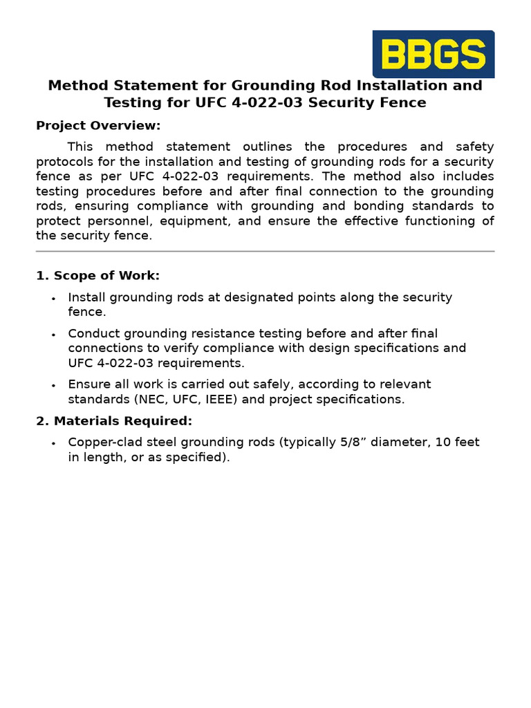 Method statement for grounding installation and testing procedure | PDF ...