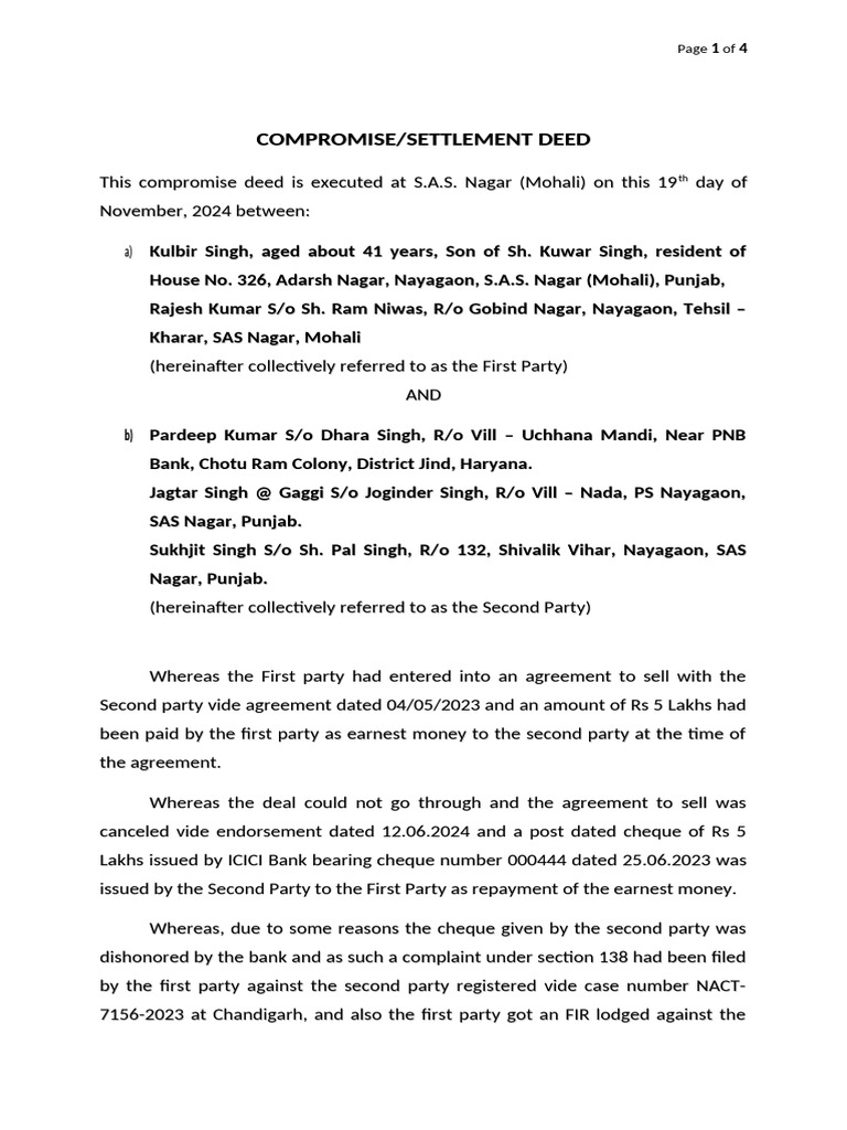 Compromise Deed Agreement Template | PDF | Justice | Crime & Violence