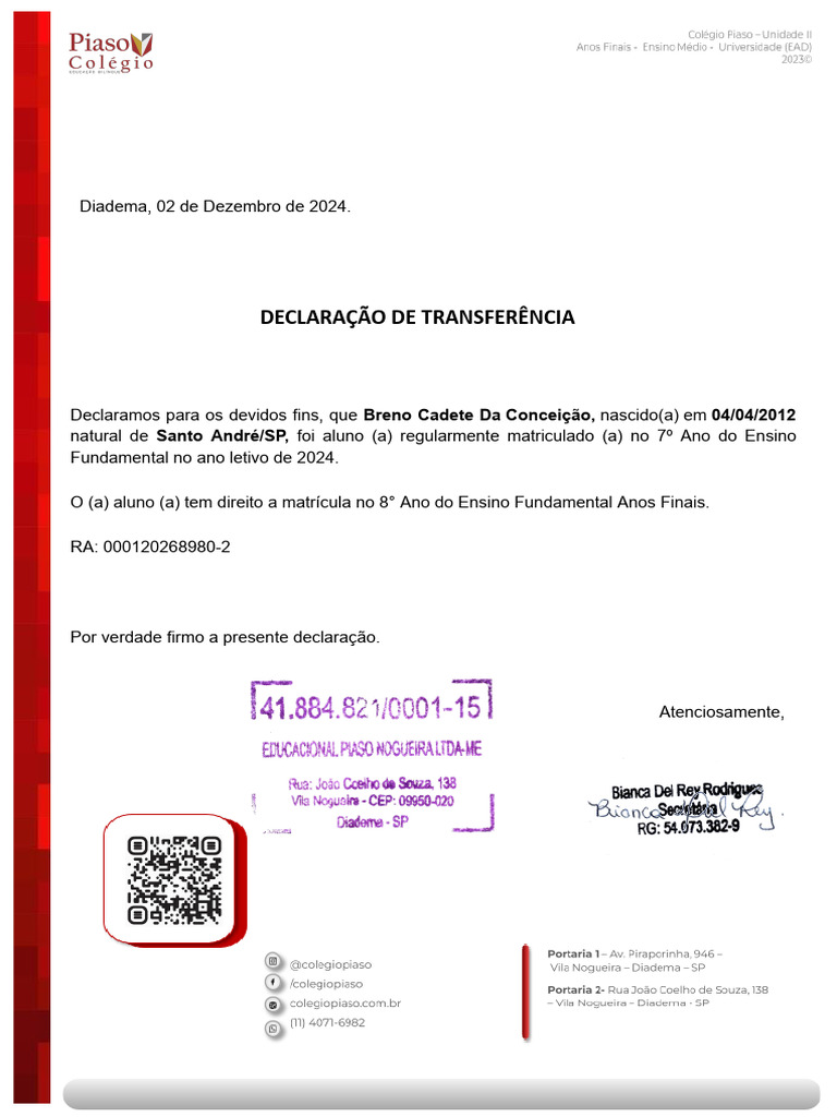 Declaração de Transferência Escolar 2024 | PDF