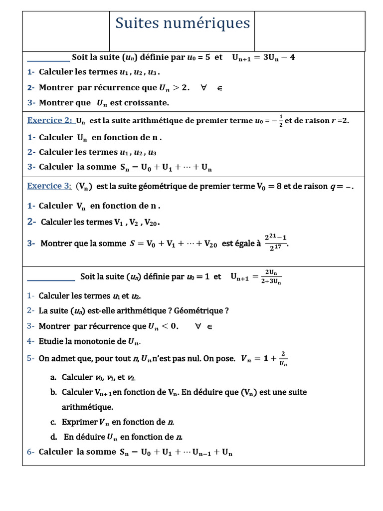 Suites numériques : exercices et sommes | PDF | Mathématiques ...