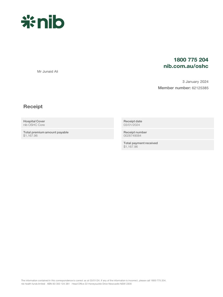 NIB OSHC Payment Receipt - Jan 2024 | PDF