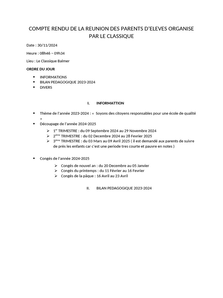 Compte Rendu Réunion Parents 2024 | PDF