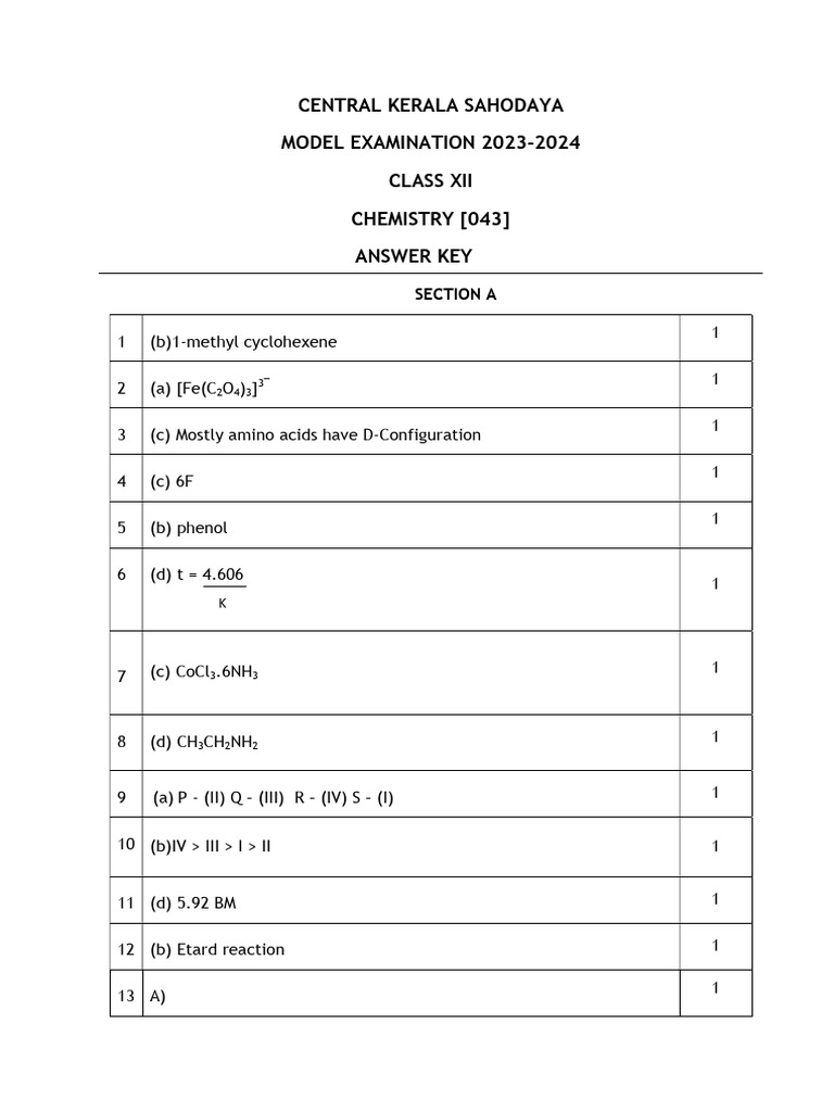 Chemistry Class XII Model Exam Answer Key | PDF | Amine | Biochemistry