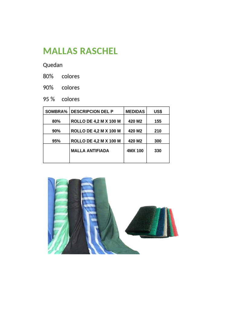 Precios y Medidas de Malla Raschel | PDF