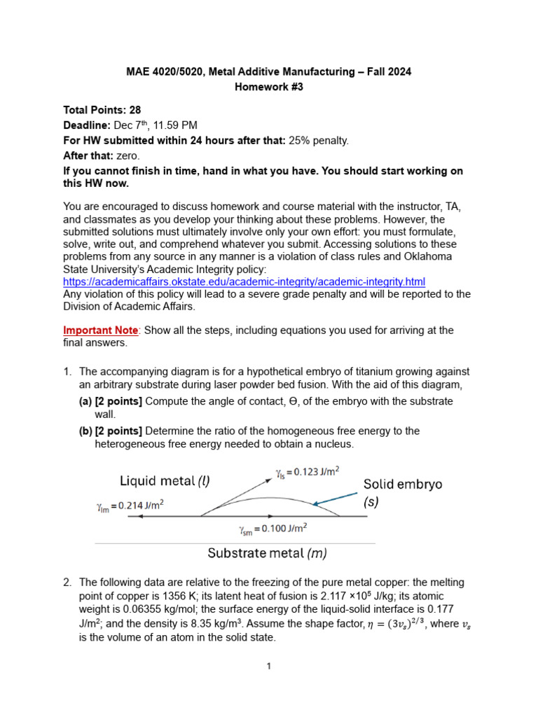 HW 3 - MAE 4020-5020 - Metal AM - Fall 2024 | PDF | Nanoparticle ...