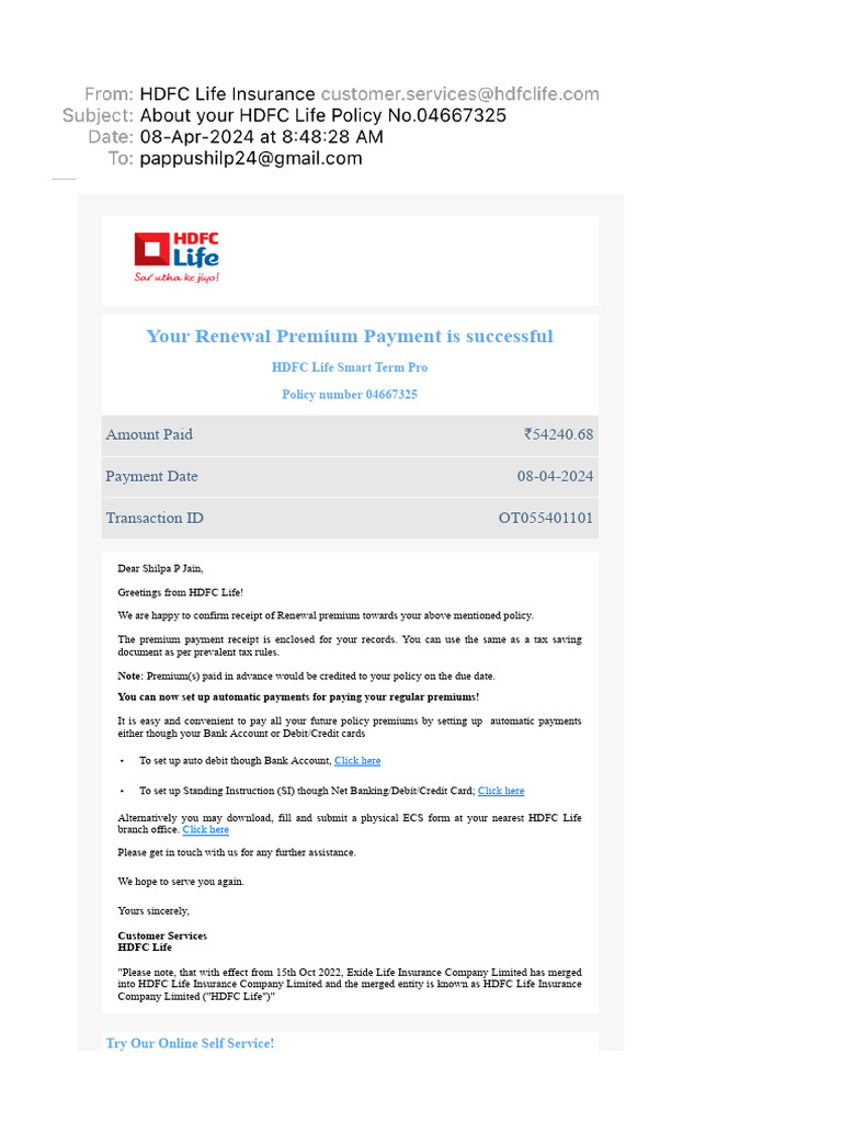 About Your HDFC Life Policy No.04667325 | PDF | Insurance | Debit Card