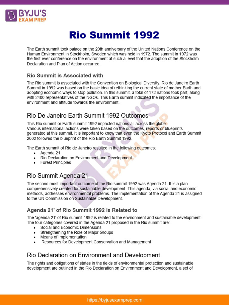 Rio Summit 1992: Key Outcomes and Impact | PDF | Sustainability ...