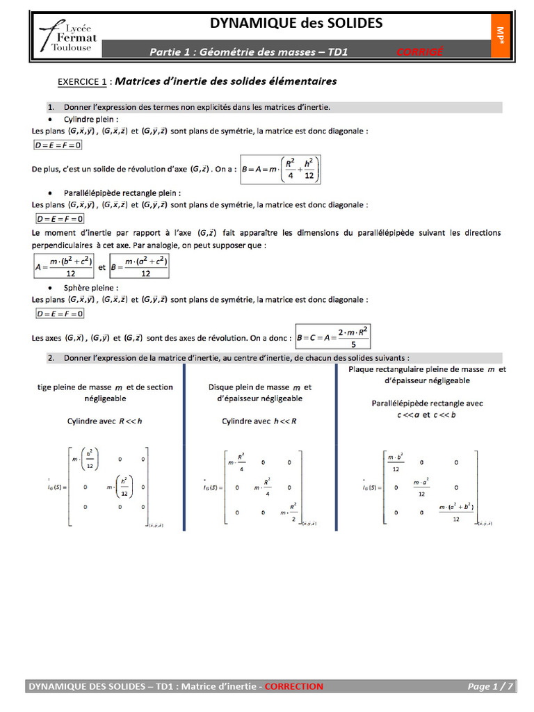 Matrice d'inertie : TD1 corrigé | PDF