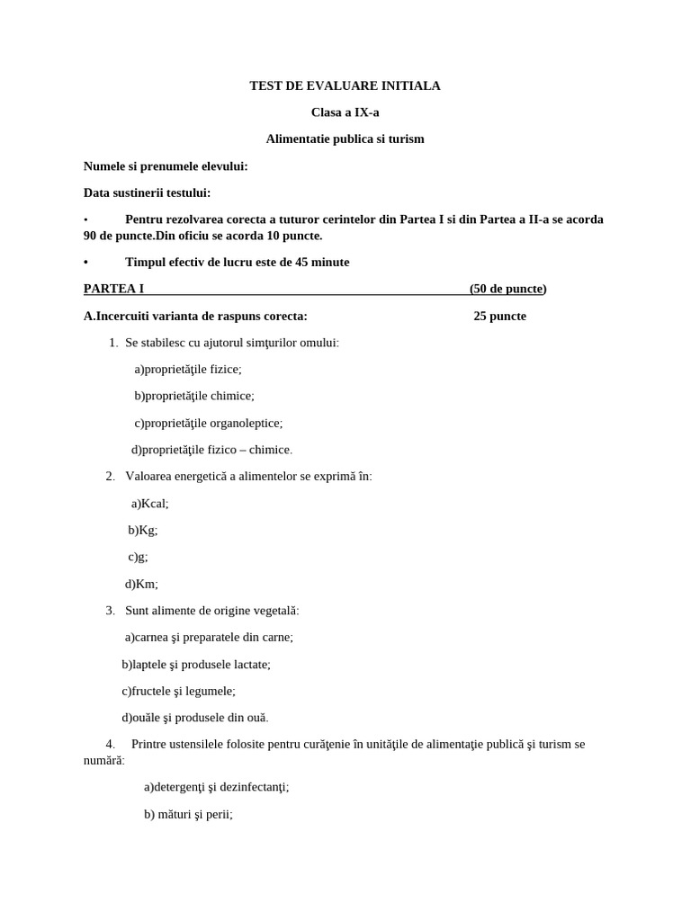 TEST DE EVALUARE INITIALA Clasa A IX | PDF
