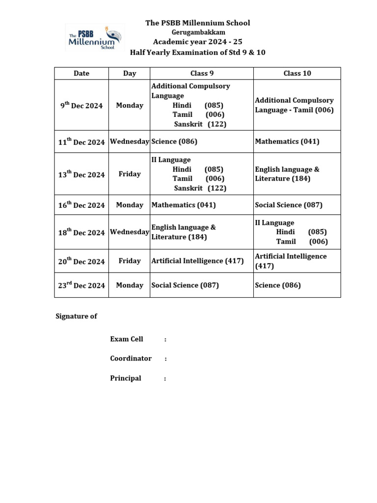 Half Yearly Exam Schedule 2024 | PDF