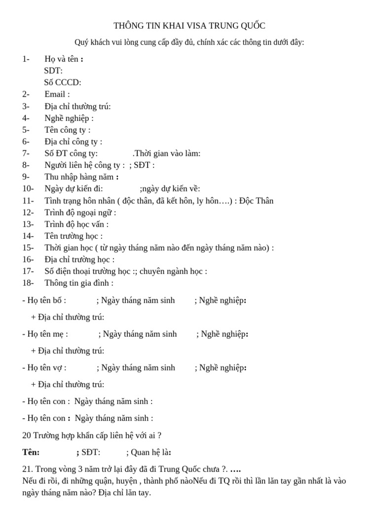 Tờ Khai VISA - Hs | PDF