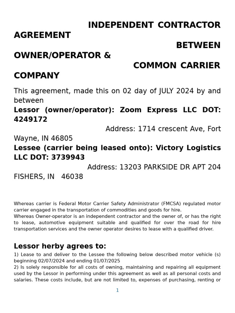 Independent Contractor Agreement: Lessor & Lessee | PDF | Lease ...