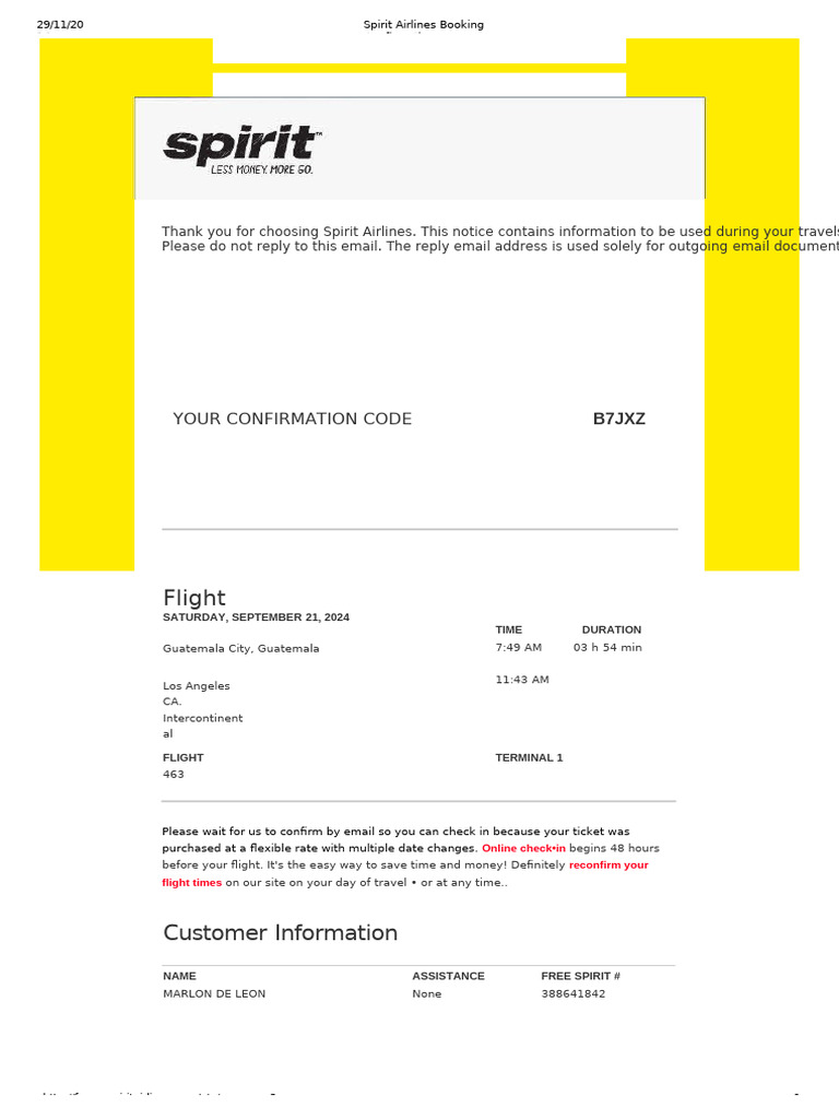 Spirit Airlines Booking Confirmation | PDF | Airlines | Transport