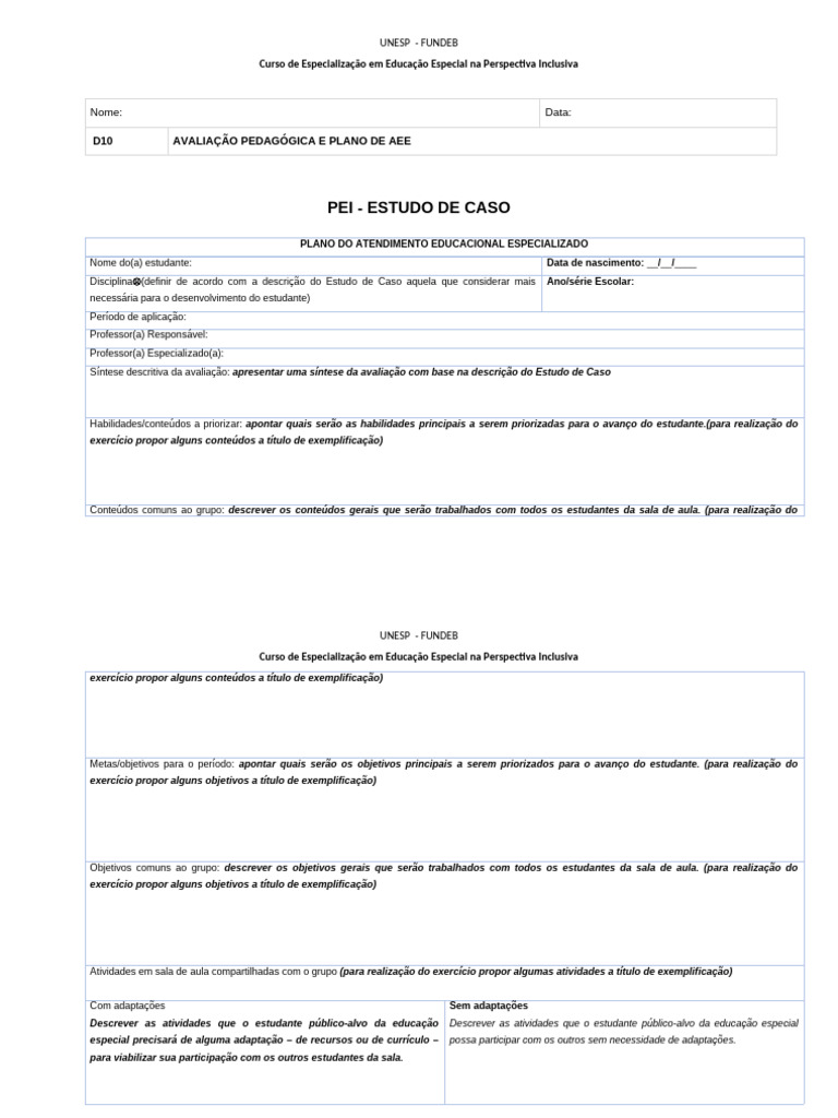 AVA - Estudo de caso - PEI | PDF | Educação Especial | Aprendizado