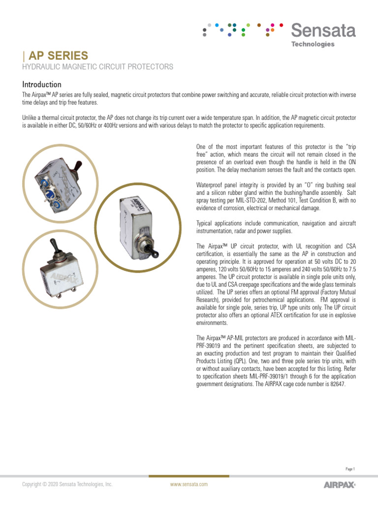 Sensata AP Series Hydraulic Magnetic Circuit Protectors Datasheet | PDF ...