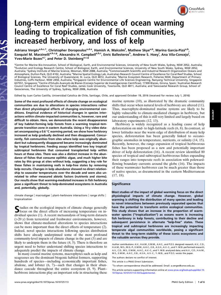 Verges Et Al 2016 PNAS | PDF | Herbivore | Climate Change