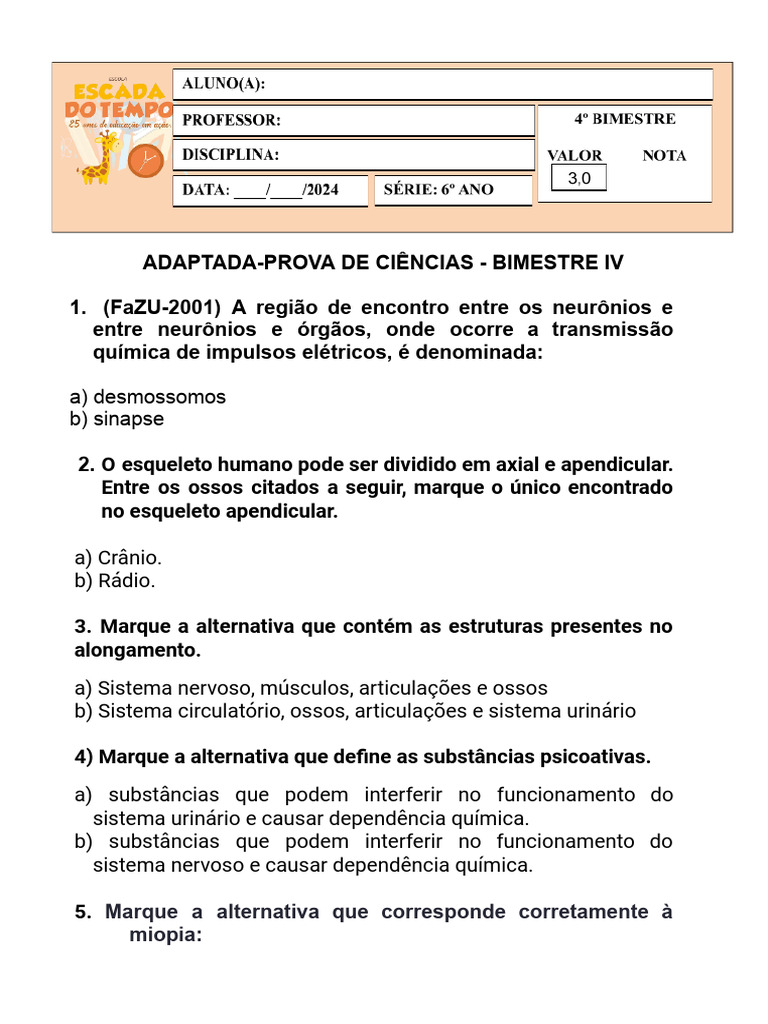 Prova de Ciências - Bimestre IV | PDF