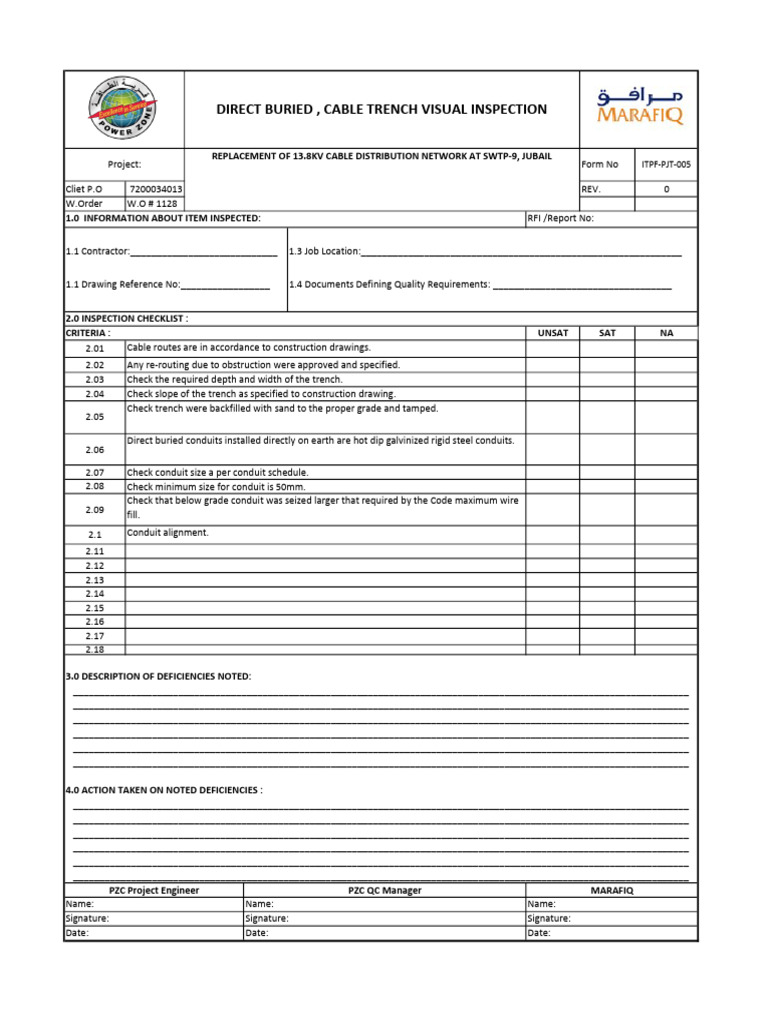Cable Trench Inspection Checklist | PDF | Pipe (Fluid Conveyance)