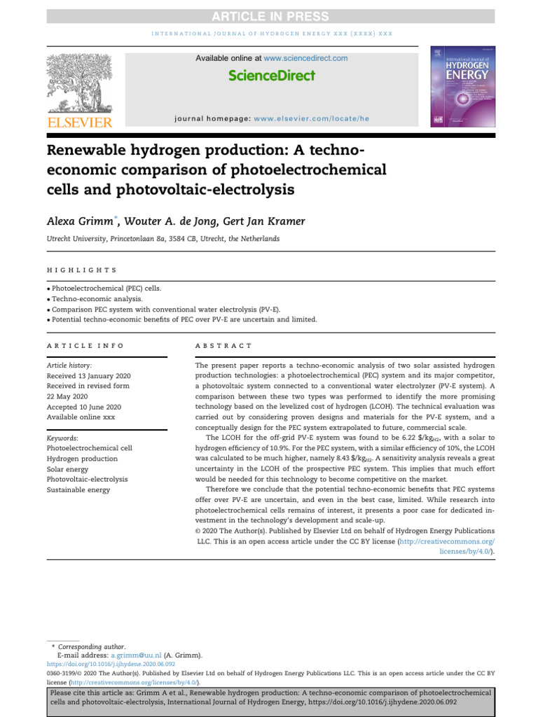 Renewable Hydrogen Production A Techno-Economic Co | PDF ...