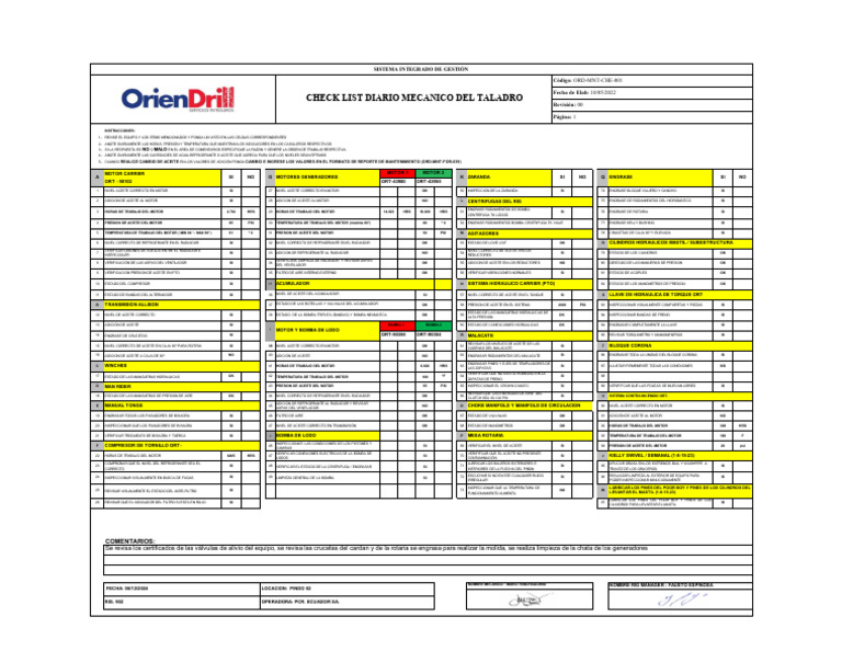 Formato Check List Diario 1 | PDF | Bomba | Ingeniería mecánica