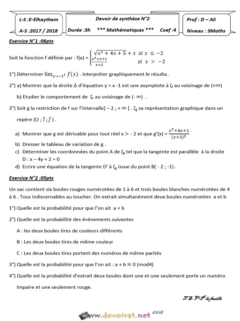 Mathématiques : Devoir de synthèse N°2 | PDF | Entier naturel ...