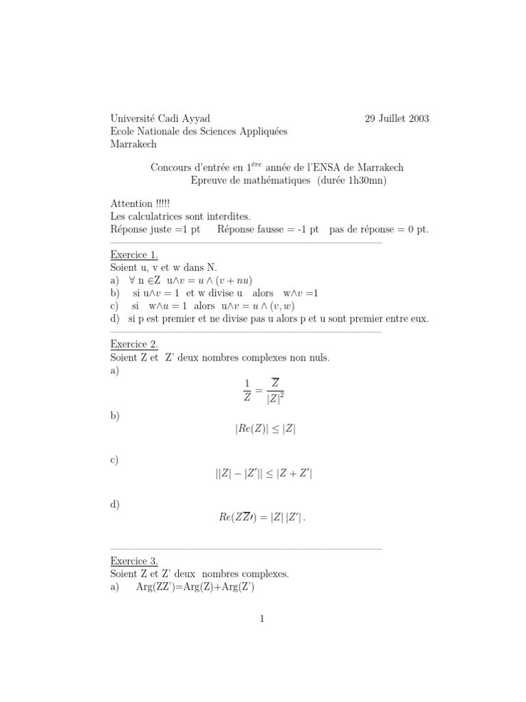 Concours Mathématiques ENSA Marrakech 2003 | PDF | Coordonnées ...