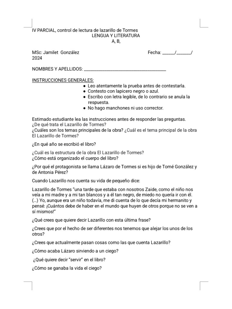 Control de lectura: Lazarillo de Tormes | PDF