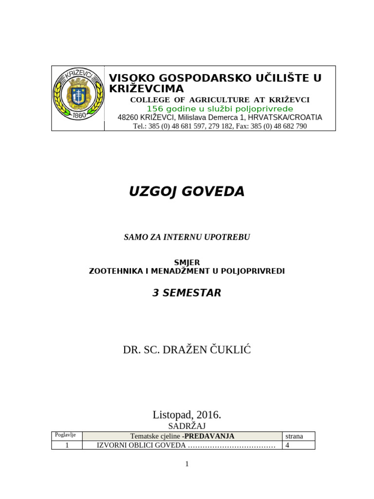 Uzgoj Goveda Skripta 2016 | PDF