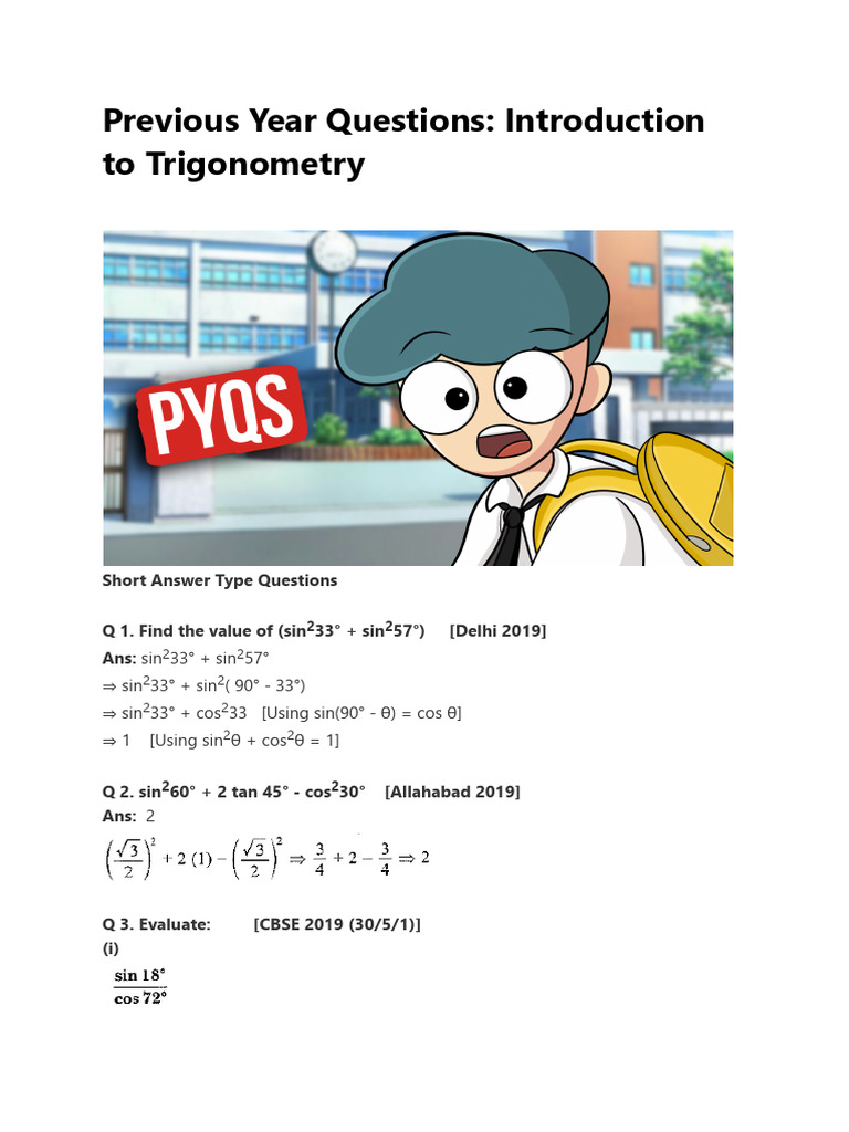 Previous Year Questions Introduction To Trigonometry | PDF | Rotation ...