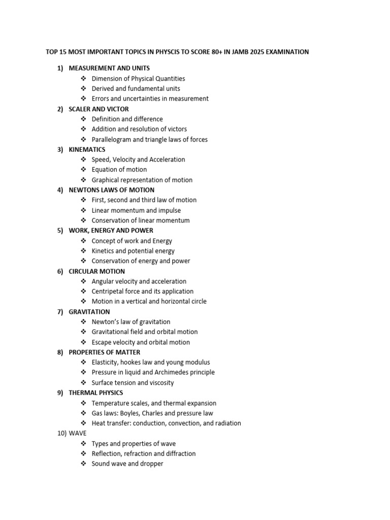 Key Physics Topics for JAMB 2025 | PDF