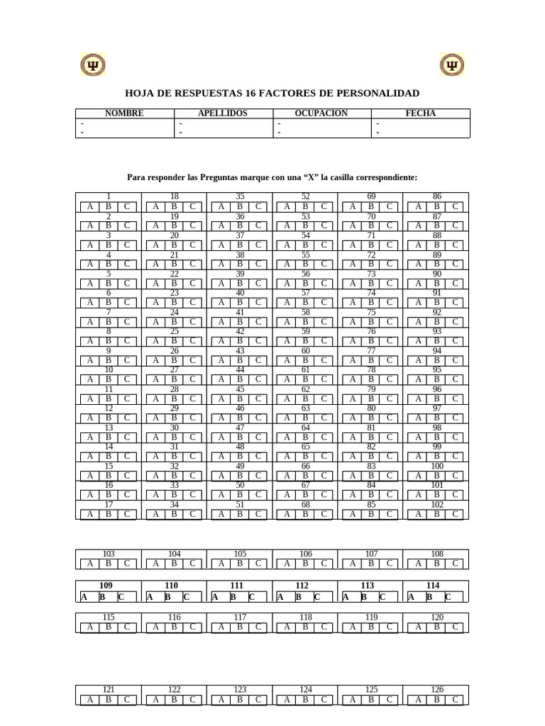 Test 16 PF (Hoja de Respuestas) | PDF